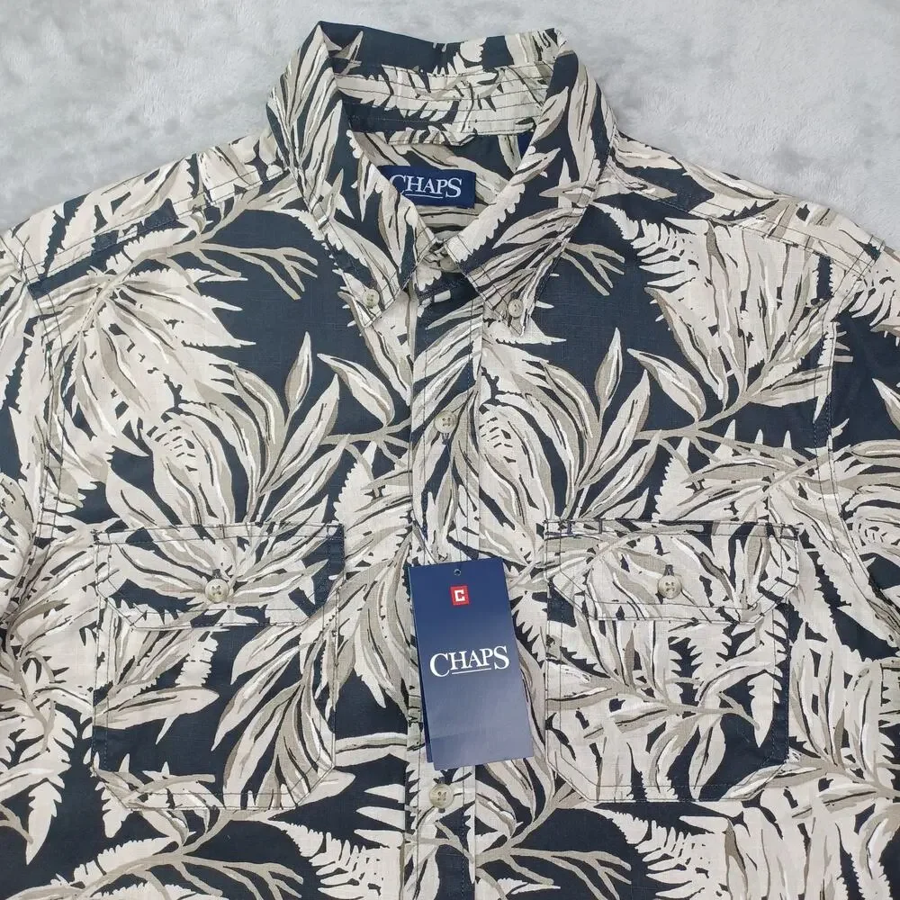 CHAPS Shirt Mens S Casual Button Down Tan Black Tropical Short Sleeve Cotton NWT